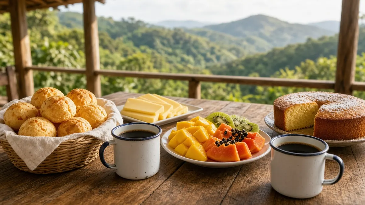 Imagem ilustrativa: café da manhã com pão de queijo, frutas e café numa varanda