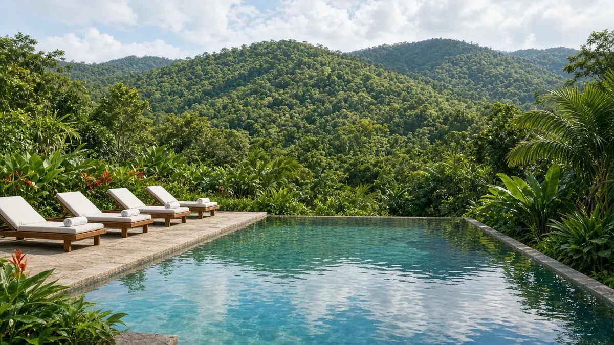 Imagem ilustrativa: piscina com espreguiçadeiras cercada de jardim e morros